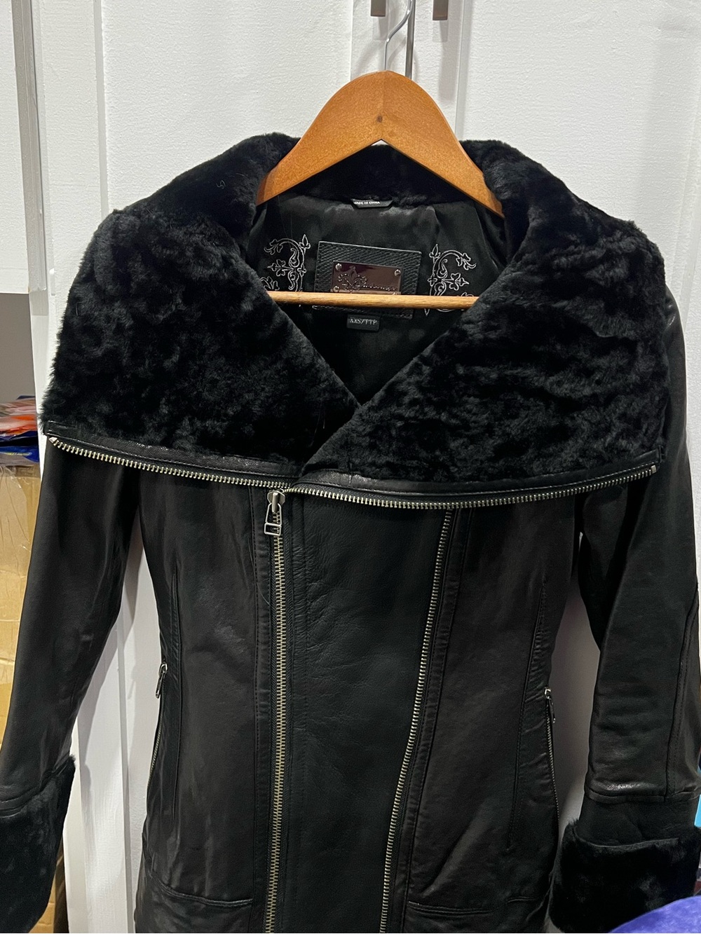 Mackage Black Leather Jacket with Faux Fur Collar